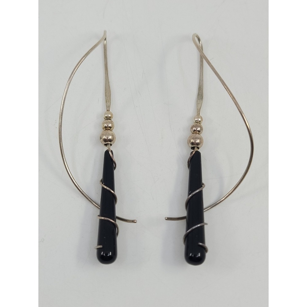 Sterling Silver 925 Earrings Black‎ Glass Fashion Retro Classy Black Tie Tested